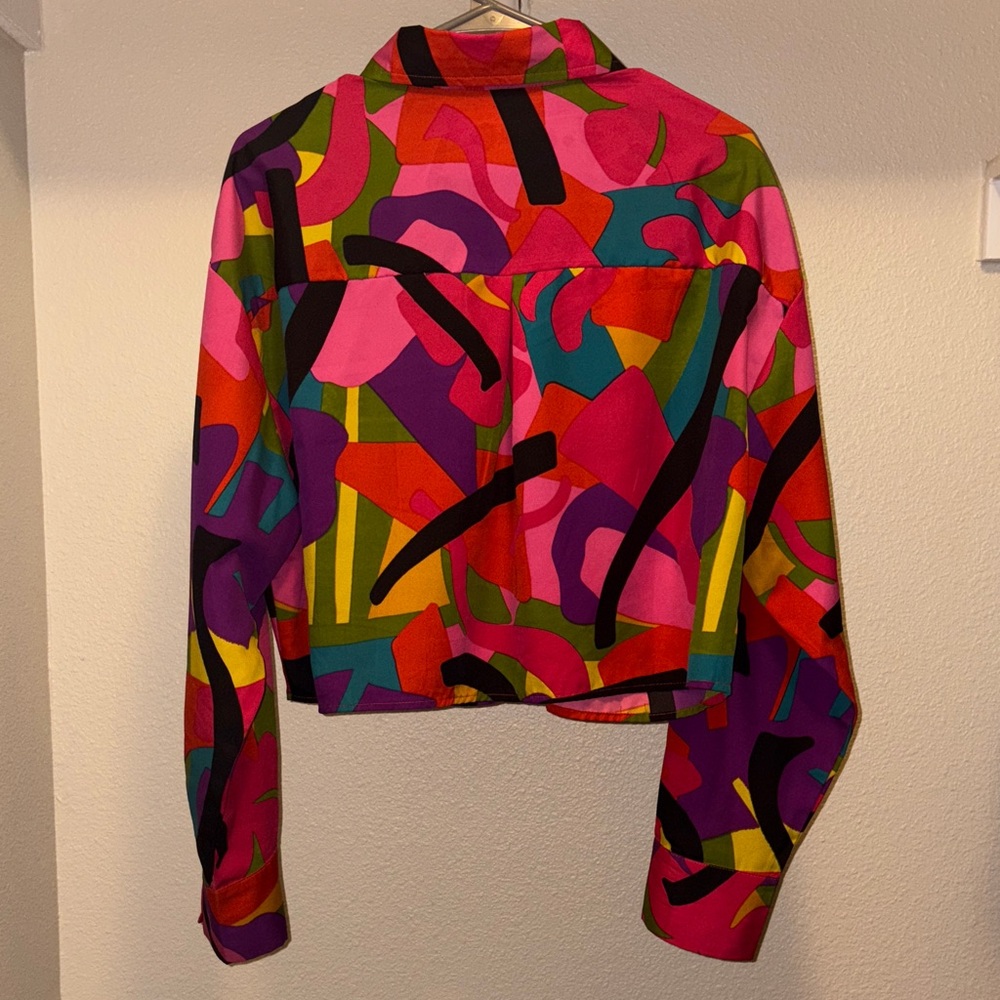 Colorful Abstract Print Cropped Button Up Blouse Retro Style Size 1X - Picture 3 of 8